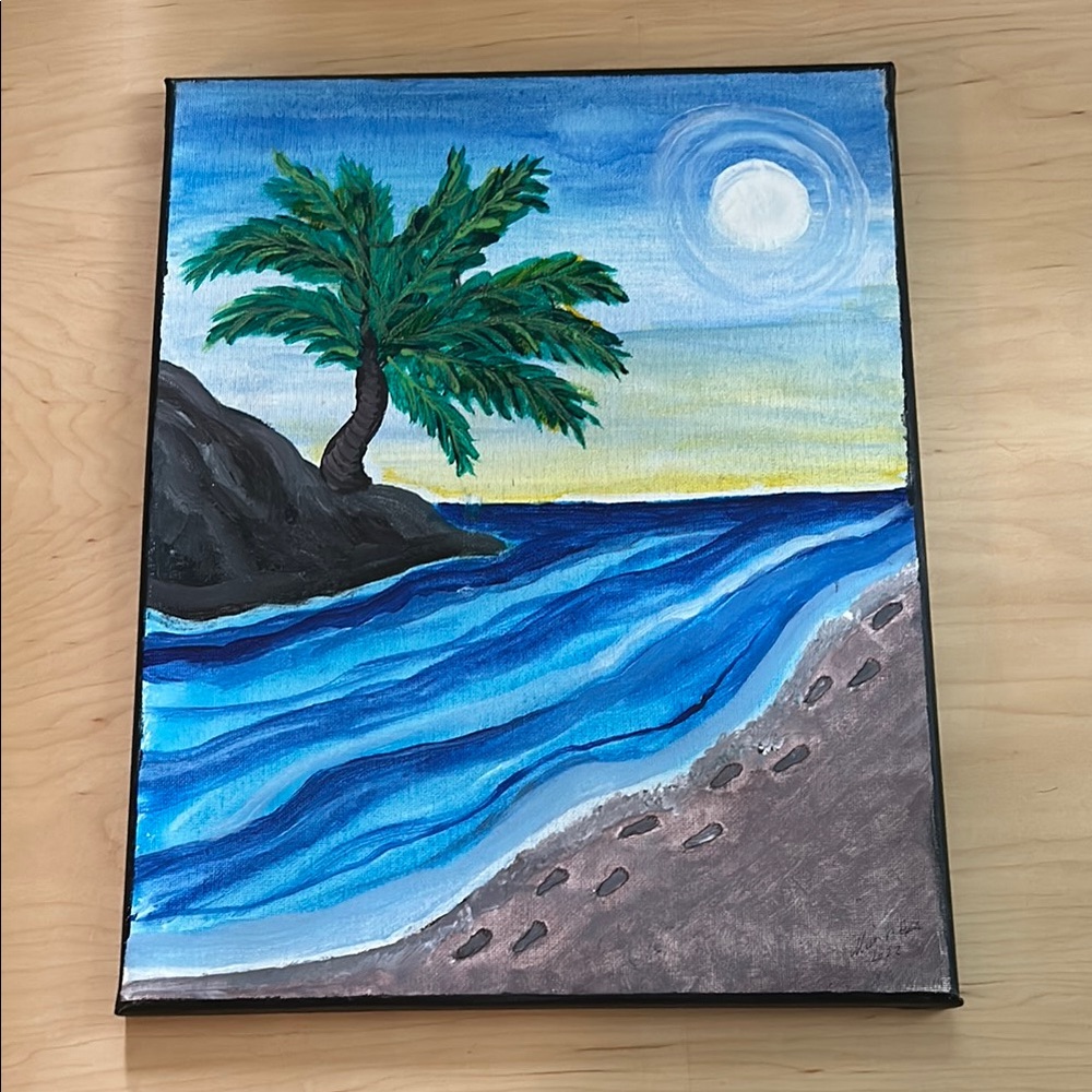 Tropical Beach Hand Painted Canvas Art with Palm Tree